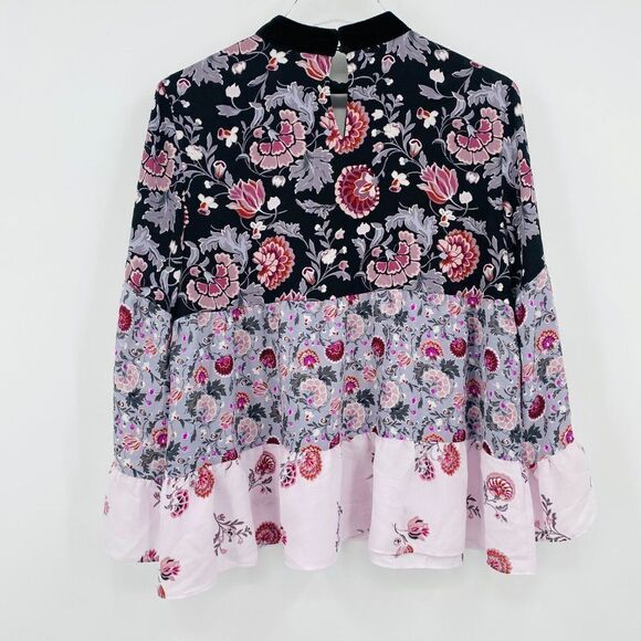LOFT Size Small Purple Floral Velvet Mock Neck Keyhole Boho Blouse Top - Picture 8 of 8